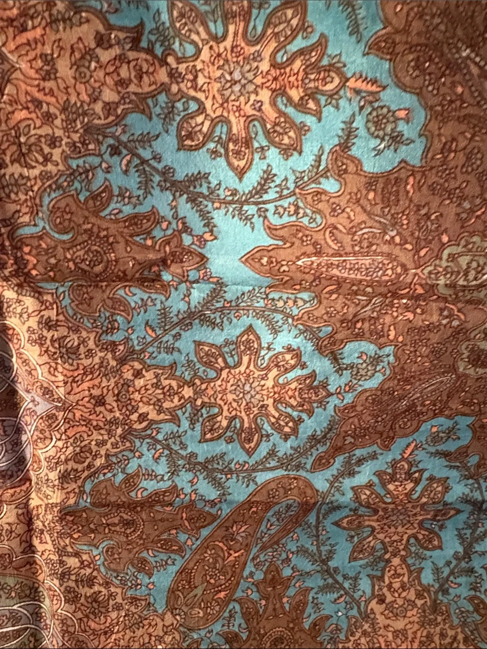 Vintage Paisley Silk Scarf in Teal and Brown